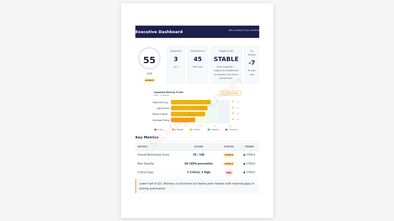 Executive benchmarking dashboard showing scores, quartiles, maturity profile, and key metrics